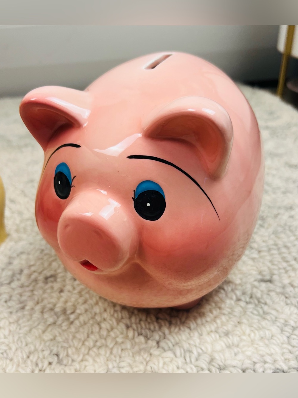 Mid-Century Ceramic Pink Piggy Bank – Hand-Painted Blue Eyes & Blushing Cheeks